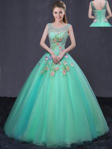 Attractive Scoop Floor Length Lace Up Quinceanera Dress Turquoise for Military Ball and Sweet 16 and Quinceanera with Be