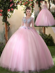 Baby Pink Ball Gowns Scoop Long Sleeves Tulle Floor Length Lace Up Appliques Quinceanera Dresses