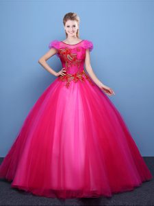 Scoop Short Sleeves Tulle Floor Length Lace Up Quinceanera Dress in Hot Pink with Appliques