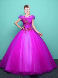 Delicate Scoop Tulle Short Sleeves Floor Length Quinceanera Gown and Appliques