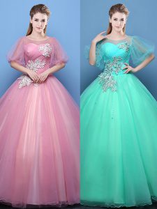 Clearance Tulle Scoop Half Sleeves Lace Up Appliques Quince Ball Gowns in Pink and Turquoise