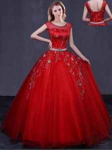 Scoop Beading and Belt 15th Birthday Dress Red Lace Up Cap Sleeves Floor Length