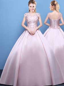 High Quality Floor Length Pink Sweet 16 Dresses Scoop Cap Sleeves Lace Up