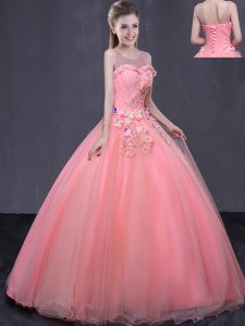 Scoop Floor Length Watermelon Red 15 Quinceanera Dress Tulle Sleeveless Beading and Appliques