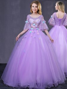 Lavender Scoop Neckline Lace and Appliques Sweet 16 Quinceanera Dress Half Sleeves Lace Up