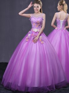 Lilac Scoop Neckline Beading and Appliques Quinceanera Dress Sleeveless Lace Up