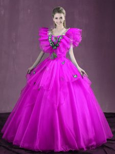 Cheap Fuchsia Organza Lace Up Quinceanera Gowns Sleeveless Floor Length Appliques and Ruffles