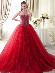 Customized Tulle Sleeveless With Train Ball Gown Prom Dress Brush Train and Beading
