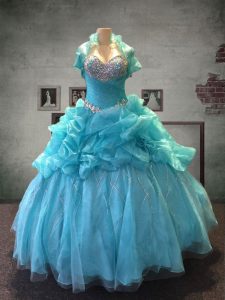 Floor Length Lace Up Quince Ball Gowns Aqua Blue for Military Ball and Sweet 16 and Quinceanera with Beading and Pick Up
