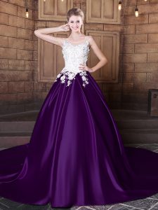 Smart Scoop With Train Dark Purple 15 Quinceanera Dress Elastic Woven Satin Court Train Sleeveless Lace and Appliques