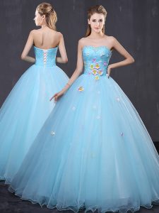 Sweetheart Sleeveless Quinceanera Gown Floor Length Beading and Appliques Light Blue Tulle