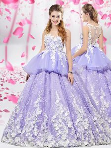 Free and Easy Scoop Sleeveless Ball Gown Prom Dress Floor Length Appliques Lavender Organza and Tulle