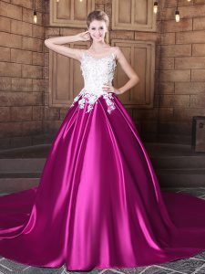 Attractive Fuchsia 15 Quinceanera Dress Military Ball and Sweet 16 and Quinceanera and For with Appliques Scoop Sleevele