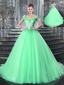 Super Straps Apple Green Sleeveless With Train Beading and Appliques Lace Up Quinceanera Gown