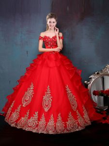Off the Shoulder Red Lace Up Quinceanera Gown Beading and Appliques and Ruffles Sleeveless Floor Length