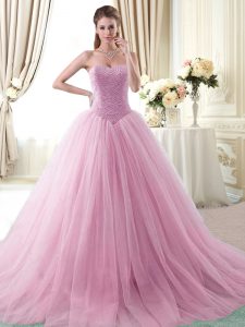 Rose Pink Tulle Lace Up Sweetheart Sleeveless With Train Quince Ball Gowns Brush Train Beading