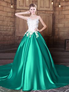Scoop With Train Turquoise Quince Ball Gowns Elastic Woven Satin Court Train Sleeveless Lace and Appliques