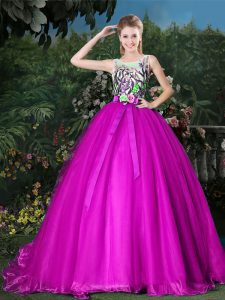 Scoop Fuchsia Sleeveless Organza Brush Train Zipper 15th Birthday Dress for Military Ball and Sweet 16 and Quinceanera