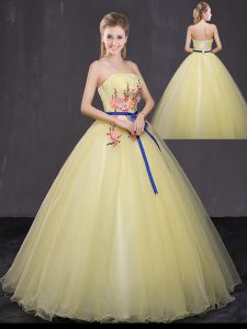 Yellow Tulle Lace Up Sweet 16 Dress Sleeveless Floor Length Appliques