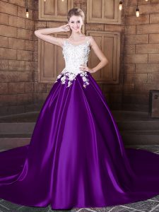 Purple Lace Up Scoop Lace and Appliques 15 Quinceanera Dress Elastic Woven Satin Sleeveless Court Train
