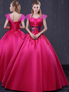 Luxury Satin V-neck Cap Sleeves Lace Up Appliques Quince Ball Gowns in Hot Pink