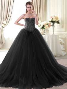 Stunning Sweetheart Sleeveless Ball Gown Prom Dress Floor Length Beading Black Tulle