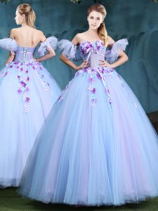 Lavender Sleeveless Appliques Floor Length Quinceanera Dresses