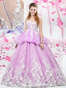 Scoop Lilac Organza and Tulle Lace Up Ball Gown Prom Dress Sleeveless Floor Length Lace and Appliques