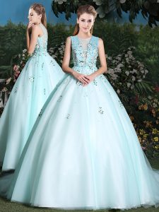 Captivating Scoop Sleeveless Beading and Appliques Lace Up Quinceanera Dress with Light Blue Brush Train