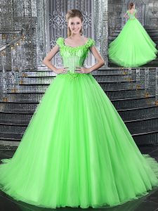 Clearance Tulle Straps Sleeveless Brush Train Lace Up Beading and Appliques 15 Quinceanera Dress in