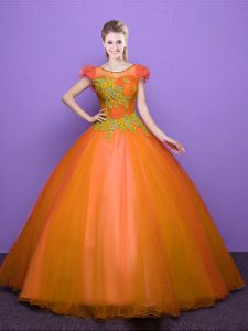Scoop Orange Ball Gowns Appliques Quinceanera Gowns Lace Up Tulle Short Sleeves Floor Length