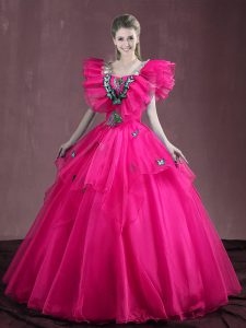 Lovely Sleeveless Organza Floor Length Lace Up Sweet 16 Dresses in Hot Pink with Appliques and Ruffles