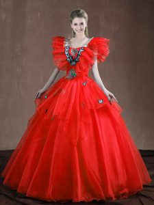 Floor Length Red 15 Quinceanera Dress Organza Sleeveless Appliques and Ruffles