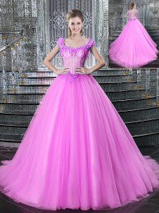 Amazing Straps Sleeveless With Train Beading and Appliques Lace Up Quinceanera Gowns with Fuchsia Brush Train