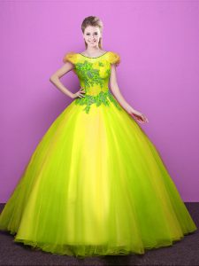 Sophisticated Scoop Short Sleeves Tulle Floor Length Lace Up Quinceanera Dress in Yellow Green with Appliques