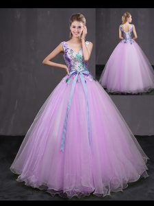 Ideal Sleeveless Tulle Floor Length Lace Up Sweet 16 Dress in Lilac with Appliques and Belt
