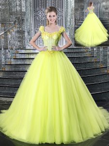 Straps Sleeveless Tulle With Brush Train Lace Up 15th Birthday Dress in Yellow with Beading and Appliques
