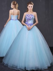 Light Blue Quinceanera Dress Military Ball and Sweet 16 and Quinceanera and For with Appliques and Belt Strapless Sleeve