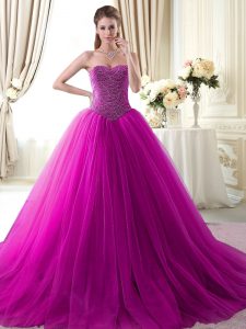 Glamorous Fuchsia Sleeveless With Train Beading Lace Up Sweet 16 Dress