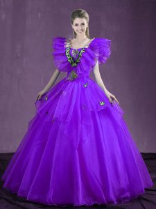 Deluxe Purple Sweetheart Lace Up Appliques and Ruffles Sweet 16 Quinceanera Dress Sleeveless