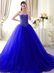 Fine Royal Blue Lace Up Ball Gown Prom Dress Beading Sleeveless With Brush Train