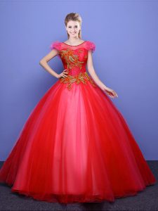Scoop Coral Red Short Sleeves Appliques Floor Length 15 Quinceanera Dress