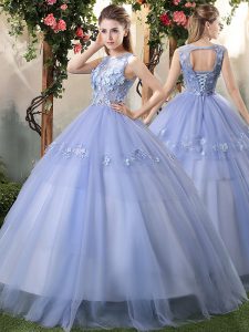 Flirting Bateau Sleeveless Tulle Quinceanera Gowns Appliques Lace Up