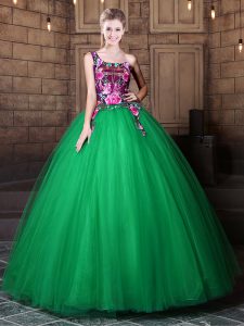 One Shoulder Sleeveless Floor Length Pattern Lace Up Sweet 16 Dresses with Green