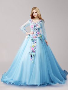 Baby Blue Ball Gowns Hand Made Flower Ball Gown Prom Dress Lace Up Tulle Long Sleeves
