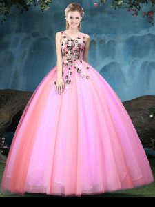 Super Multi-color Tulle Lace Up Sweet 16 Dress Sleeveless Floor Length Appliques