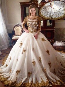 White Ball Gowns Tulle Scoop Long Sleeves Appliques With Train Zipper 15th Birthday Dress Chapel Train
