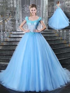 Brush Train Ball Gowns Quinceanera Dresses Light Blue Straps Tulle Sleeveless With Train Lace Up