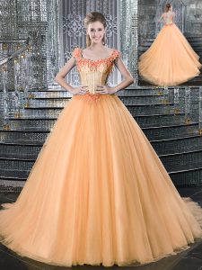 Custom Designed Orange Straps Neckline Beading and Appliques Quince Ball Gowns Sleeveless Lace Up