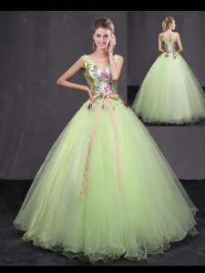 High Class Yellow Green Quince Ball Gowns Military Ball and Sweet 16 and Quinceanera and For with Appliques and Belt V-n